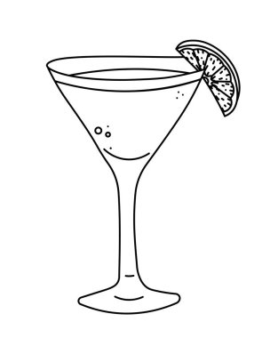 Tekila limonlu kokteyl ikonu. Tekila, likör ve limon suyuyla kokteyl. Margarita kokteyl çizimi beyaz arka planda izole edilmiş. El çizimi karalama çizimi biçimi.