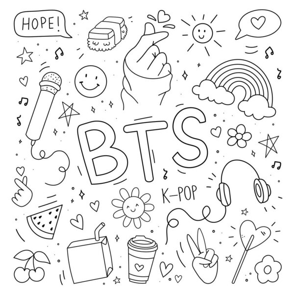 K-pop set. Symbols from the popular Korean music trend. BTS music. Collection doodles vector illustration. I love K-POP sticker.
