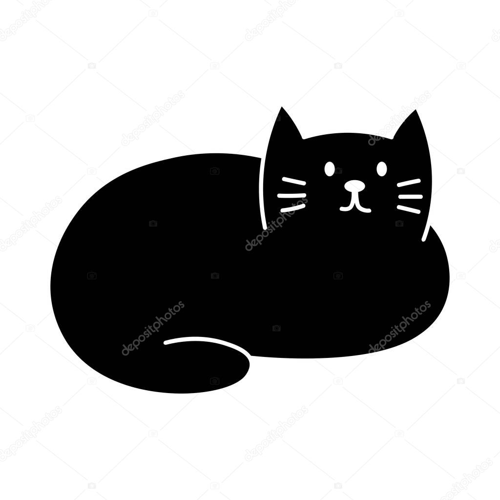 Cute black cat's icon. Vector black silhouette of a lying cat.