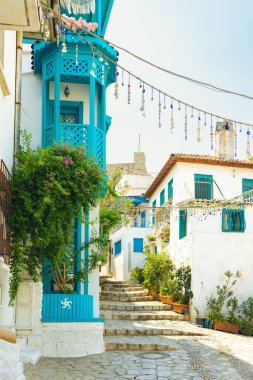 Türkiye 'nin Marmaris kentindeki Dar Sokak. Güzel manzaralı, çiçekli eski beyaz evler..