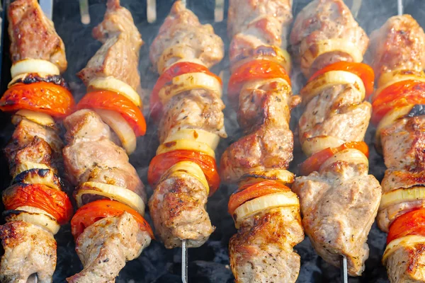 Grilled Fried Pork Meat Pieces Meat Skewers Process Cooking Marinated — Stok fotoğraf