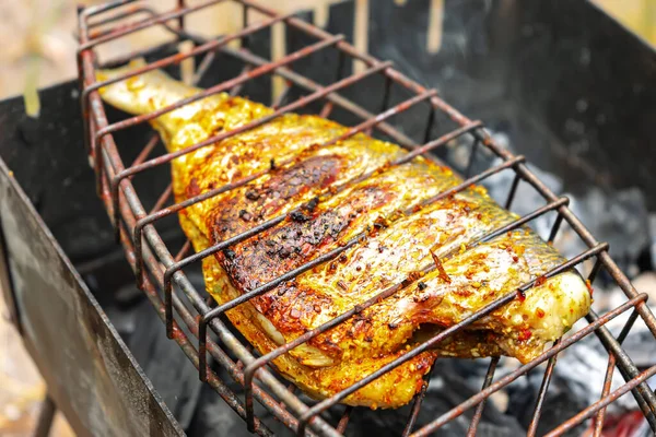 Grilled fish on the grill, cooked on fire, barbecue — Stok fotoğraf