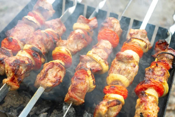 Grilled fried pork meat, pieces of meat on skewers. — Stok fotoğraf