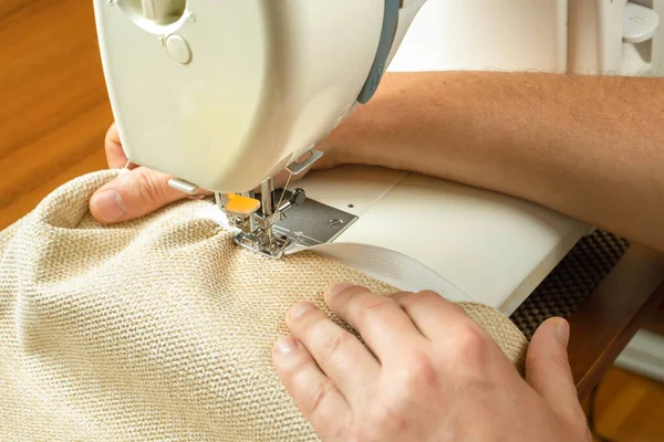 Seamstress Hands Holding White Textile Fabric Male Hands Stitching White — Stock Photo, Image
