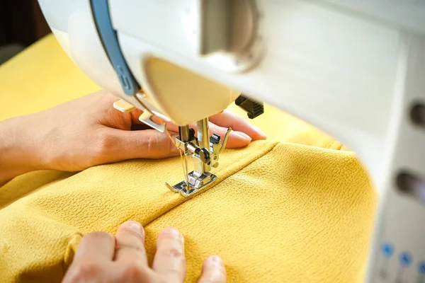 Seamstress Female Hands Holding Stitching Yellow Textile Fabric Modern Sewing — Foto Stock