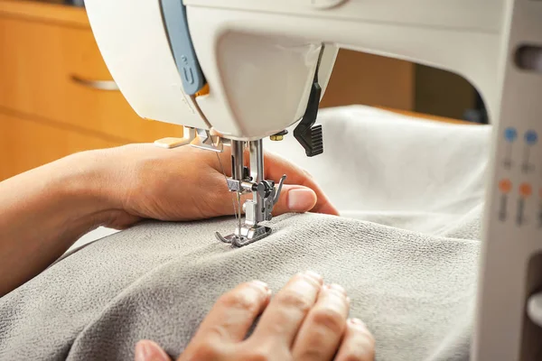 Seamstress Female Hands Holding Stitching Gray Textile Fabric Modern Sewing — Stock Photo, Image