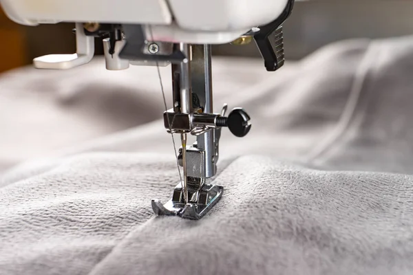 Modern Sewing Machine Presser Foot Gray Fabric Thread Closeup Copy — Stock Photo, Image