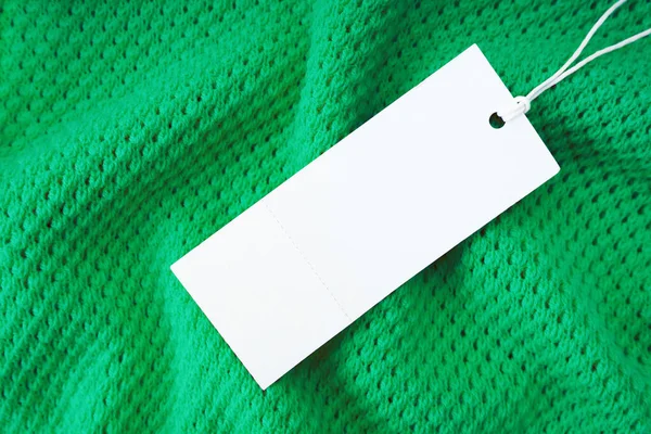 White Blank Rectangular Clothing Tag Label Mockup Template Green Knitted —  Fotos de Stock