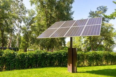 Solar panels in public park backgound. Photovoltaic modules for renewable energy, system of electric generators from the sun. Clean technologies, green and renewable energy, eco friendly electricity