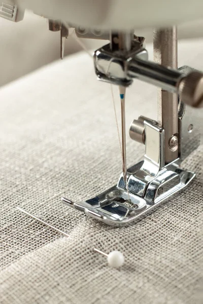 Modern Sewing Machine Presser Foot Linen Fabric Thread Closeup Copy — Stok fotoğraf