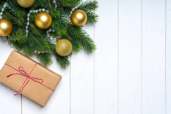 Christmas Tree Branch Decorated Golden Balls Gift Box White Wooden — Stock Photo, Image