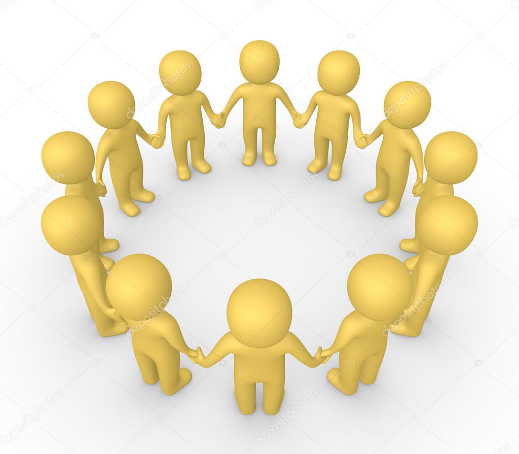 3d people standing in the circle and holding hands together