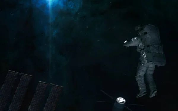 Astronauta no fundo de nebulosas do espaço profundo. Estação espacial turva em movimento — Fotografia de Stock
