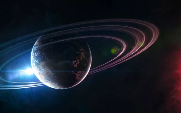 Amanecer, planeta del espacio profundo. Hermoso paisaje espacial —  Fotos de Stock