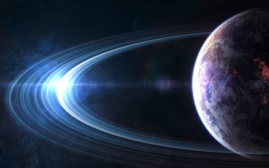 Güzel uzay manzarası. Mavi yıldızın ışığında, uzayın derinliklerinde yaşayan gezegen.