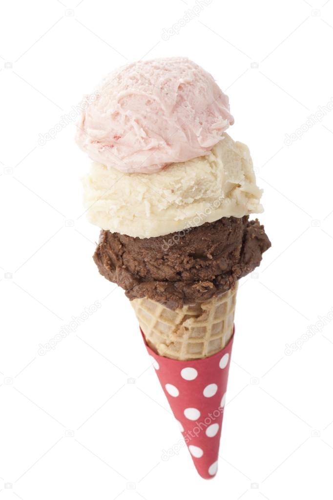 Three scoops of ice cream in a cone