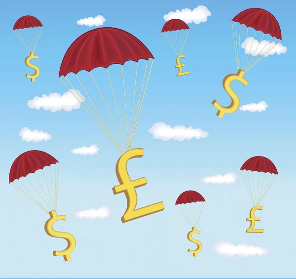 Illustratie van dollar en pond in parachute — Stockvector
