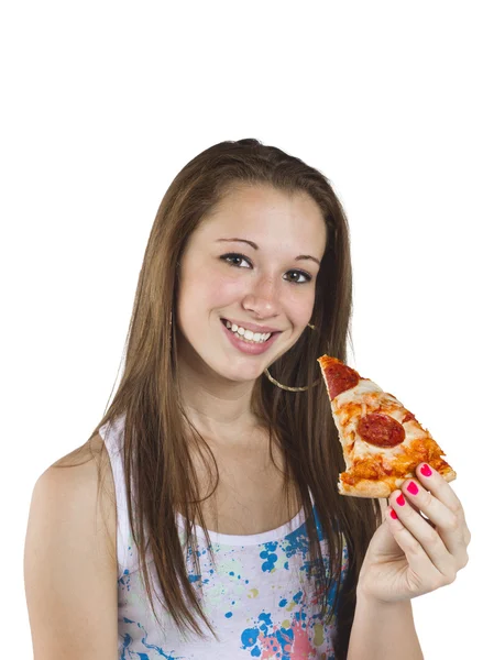 Portrait of a teenage girl holding a slice of pizza — Stock Photo, Image