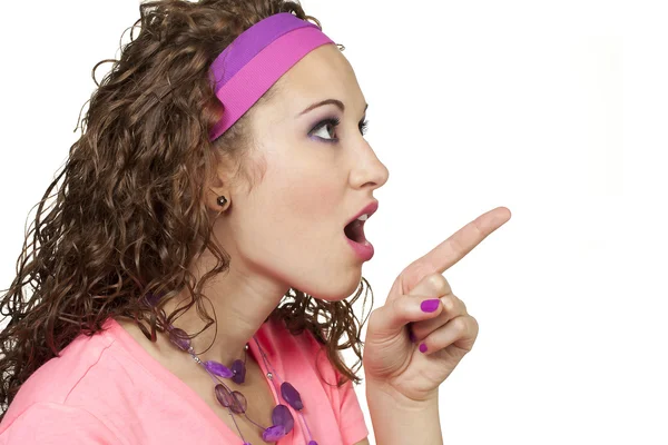 Side view of 80s girl pointing — Stock Photo, Image