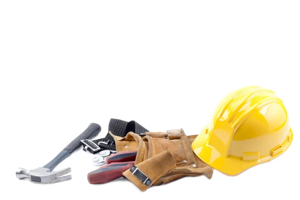 Hardhat hammer tool belt and screw driver — Stock Photo, Image