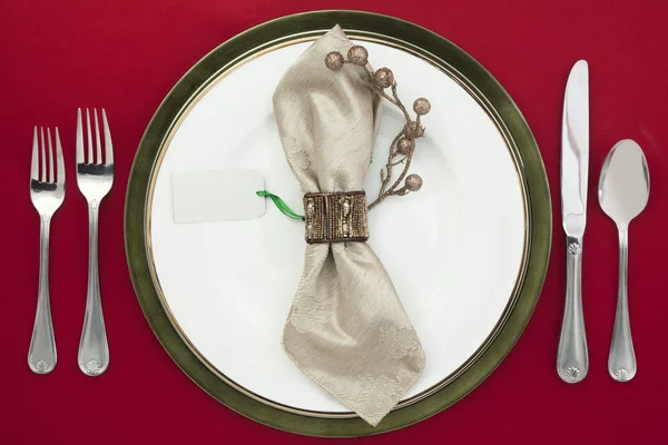 Overhead shot of table settings with empty card — Stock Image Overhead shot of table settings with empty card Stock Picture