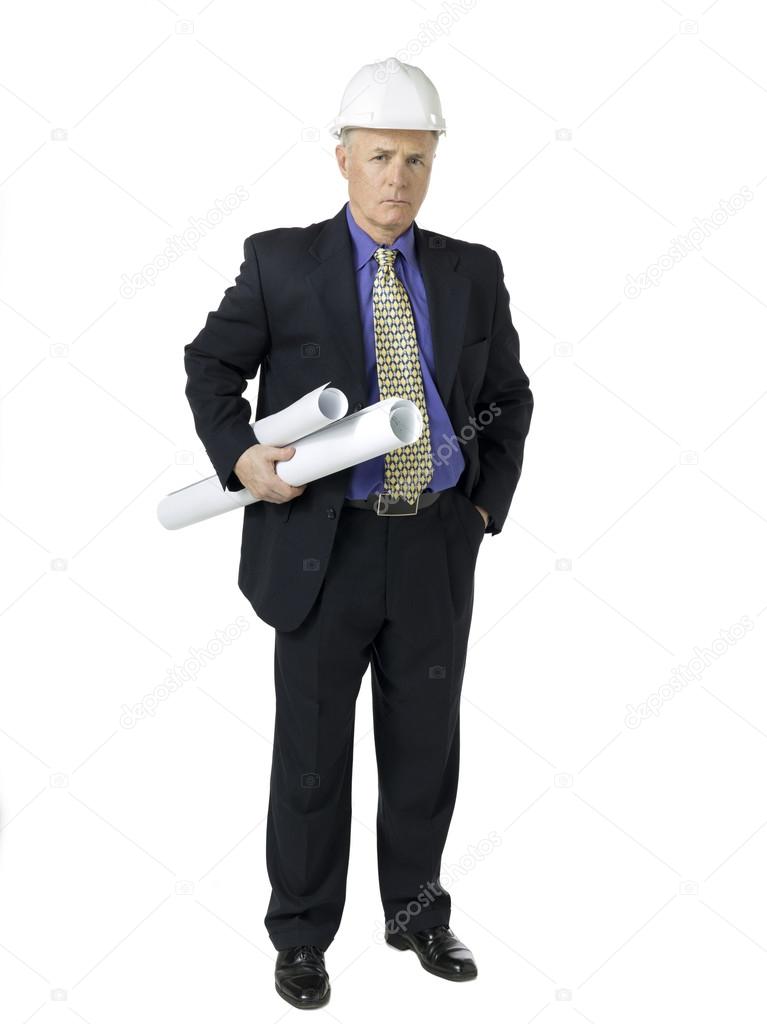 Image of a architect with white hard hat and blueprint