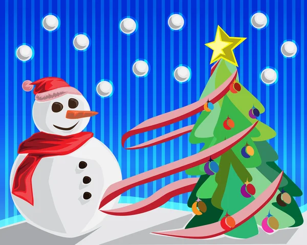 Kerstmis achtergrond met snowman en de kerstboom — Stockfoto