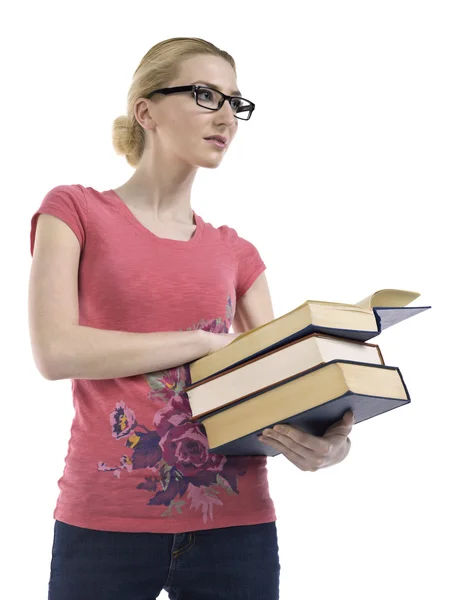 Mulher inteligente segurando livros — Fotografia de Stock