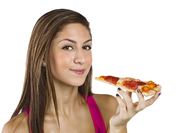 Pretty teenage girl holding a slice of pizza — Stock Photo, Image