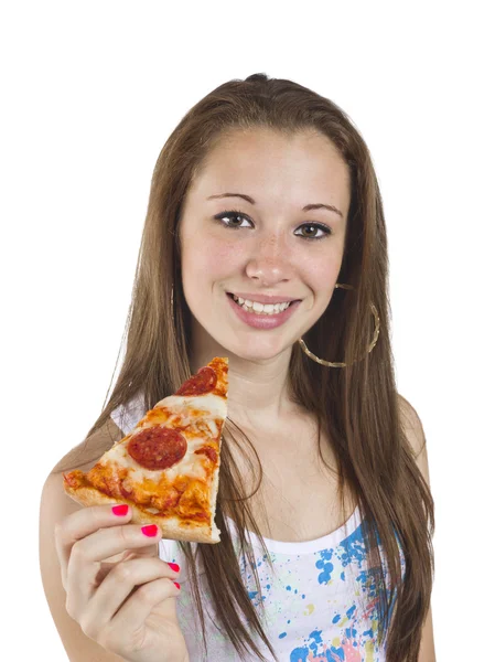 Portrait of smiling teenage girl holding a slice of pizza — Stock Photo, Image