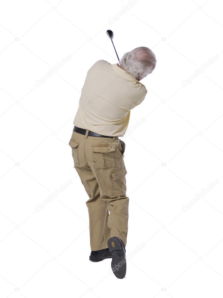 Swinging old golfer