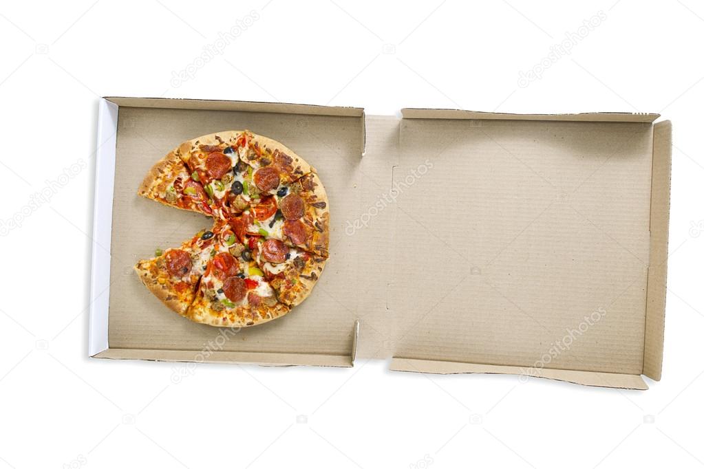 Top view of a pizza in pizza box