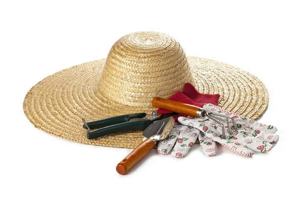 Gardening hat and tools — Stock Photo, Image