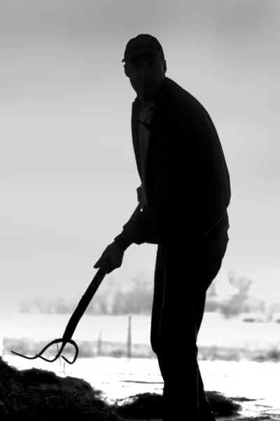 Silhouette d'un homme avec pelle — Photo