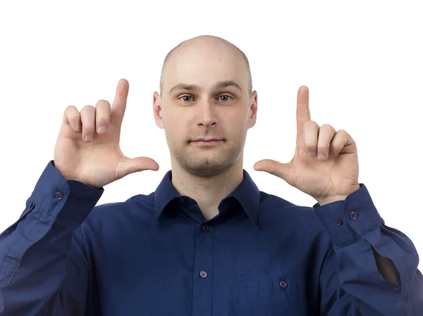 Homem de negócios careca gesticulando moldura dedo — Fotografia de Stock