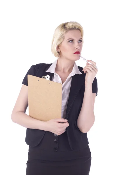 Female office clerk holding files while in thinking gesture — Stock Photo, Image