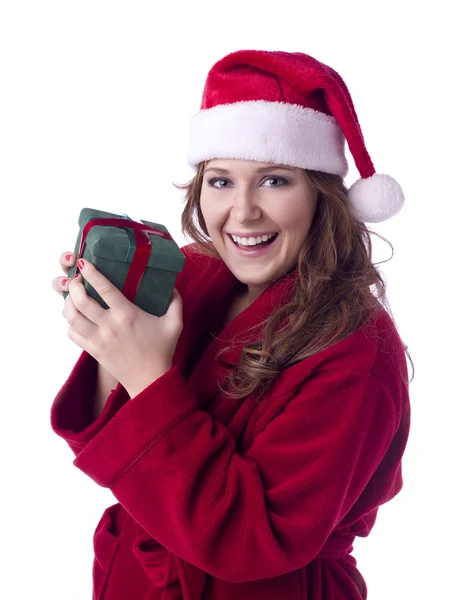 Female santa with gift — Stock Photo, Image