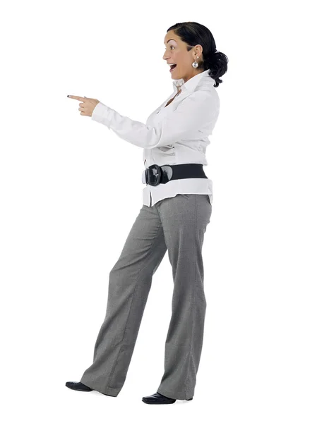 Žena sekretářka v ukazující gesto — Stock fotografie