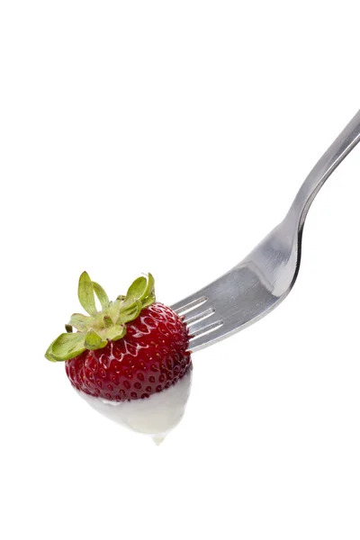 Fork with strawberry dipped in chocolate — Stock Photo, Image