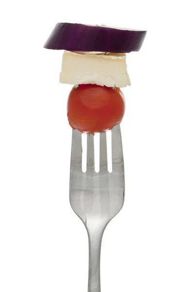 Fork with tomato eggplant and cheese — Stock Photo, Image