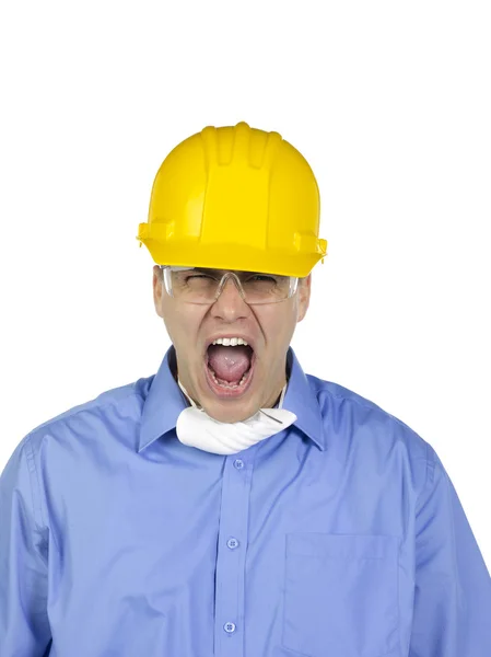 Vooraanzicht van een man met helm schreeuwen — Stockfoto