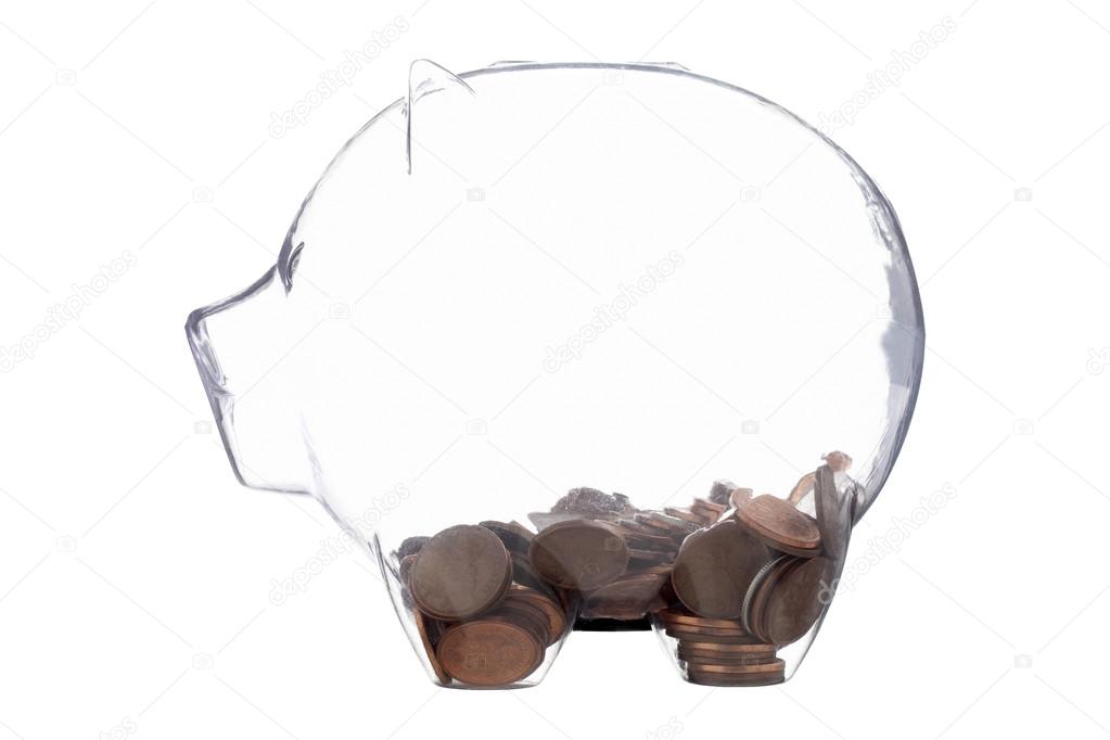 glass piggy bank with coins