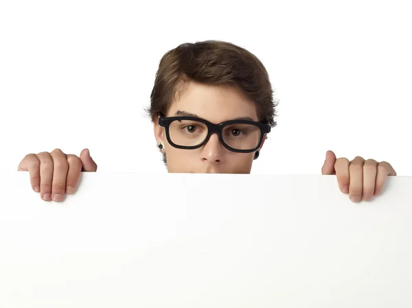 Guy holding a white board — Stock Photo, Image