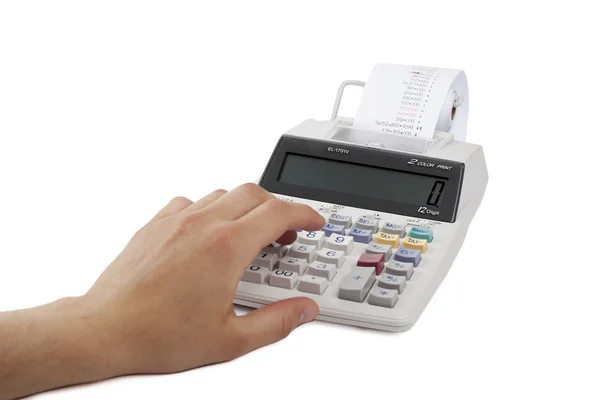 Mão na calculadora com recibo impresso — Fotografia de Stock