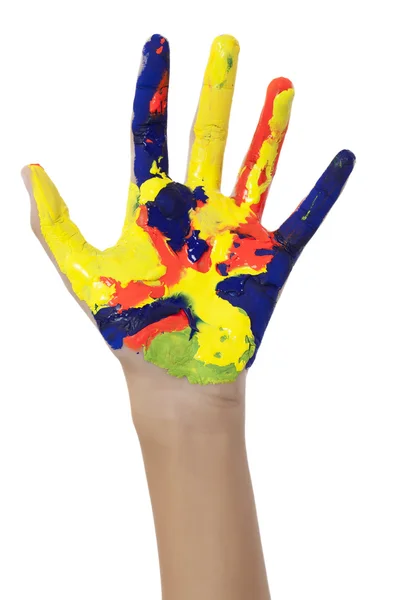 Hand met kleurrijke hand verf — Stockfoto