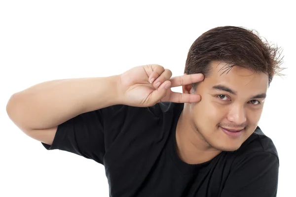 Glücklicher Mann mit Friedenszeichen — Stockfoto