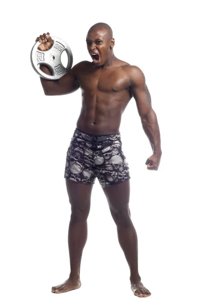 Aggressive wrestler holding barbell weight — Stock Photo, Image