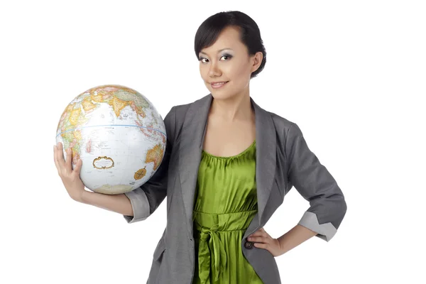Attractive asian girl holding globe — Stock Photo, Image