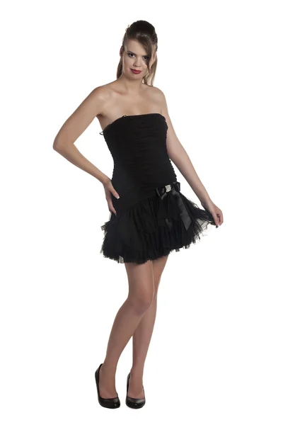 Bela adolescente em vestido de baile preto — Fotografia de Stock
