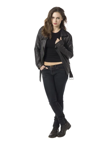 Beautiful young lady wearing black leather jacket — Stock Photo, Image